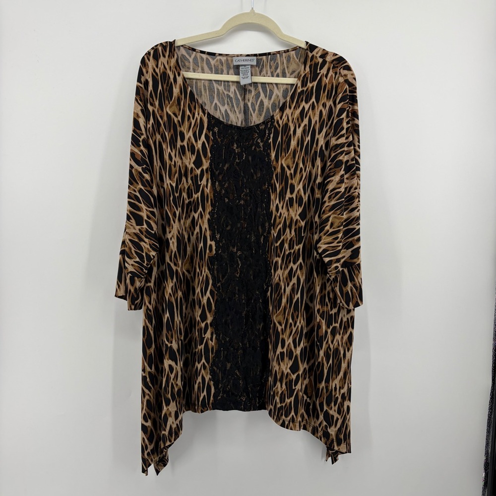 Catherines Tunic Top Animal Print Brown 2X Lace Inset Sharkbite Hem 3/4 Sleeve